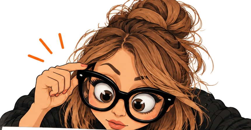 Illustrated woman in large black glasses leaning over a report, peering at the numbers.